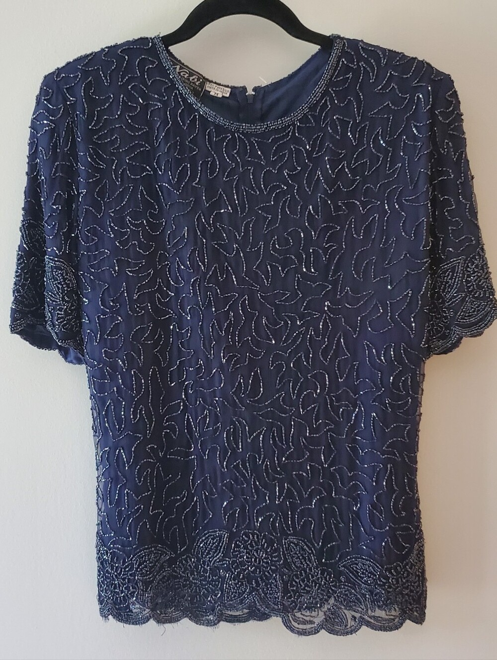 Vintage Silk Beaded Navy Short-Sleeve Women's Top Formal Wear Blouse Back Zip